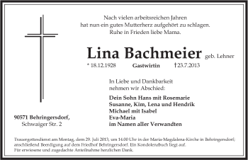 Traueranzeige von Lina Bachmeier von Pegnitz-Zeitung